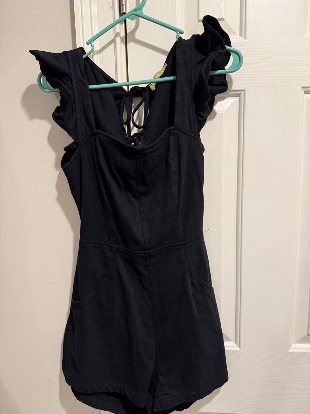 Womens  Black Ruffle Strap One-Piece Romper - Lightweight Stretch